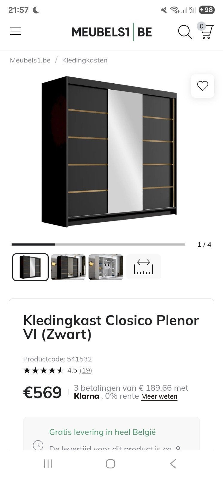 groot kledingkast schuifdeur zwart goud met spiegel, Ophalen, Met deur(en), 200 cm of meer, 150 tot 200 cm