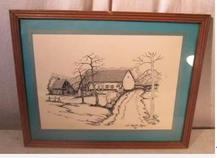 Beau dessin « Ferme avec grange » - De Gruyter Hugo, Antiquités & Art, Art | Dessins & Photographie, Enlèvement ou Envoi, Dessin