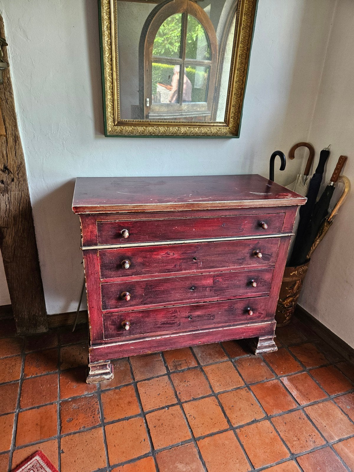 Landelijke ladenkast, rood gepatineerd, Huis en Inrichting, Ophalen