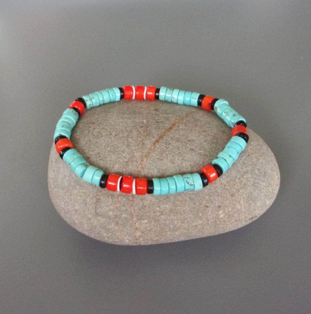 Bracelet amérindien surfeur rondelles de turquoises, corail, Enlèvement ou Envoi, Avec bracelets à breloques ou perles, Bleu, Neuf