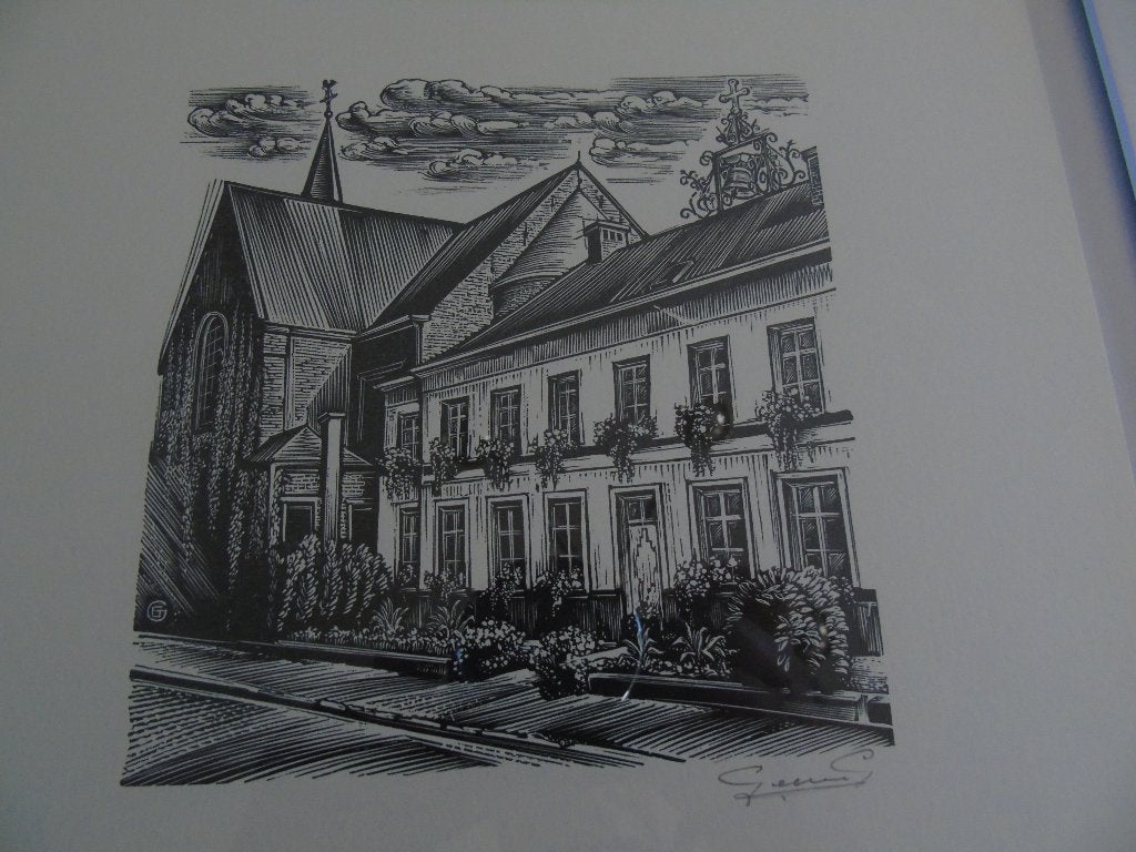 Zeer mooie houtgravure van de pastorij Gemeente Lint, Ophalen, Architectuur, Houtsnede