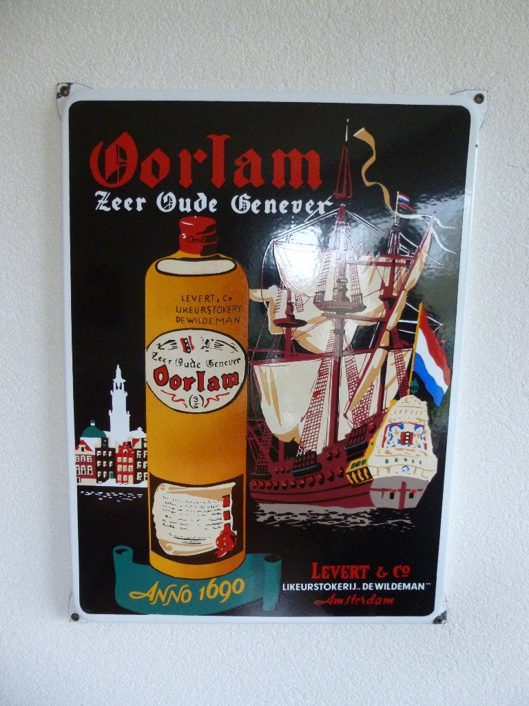 EMAILLE RECLAMEBORD"OORLAM OUDE GENEVER"UIT JAREN 90, Verzamelen, Ophalen of Verzenden, Zo goed als nieuw, Reclamebord