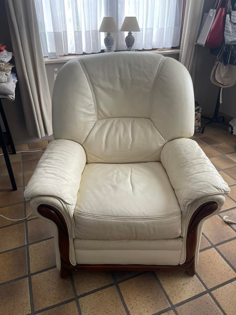Fauteuil relax en cuir ecru, Huis en Inrichting, Fauteuils, Gebruikt, Leer, Ophalen