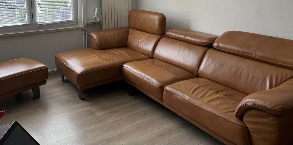 ️ Canapé H&H en cuir – 3 places + méridienne + pouf, Enlèvement, Utilisé, Cuir