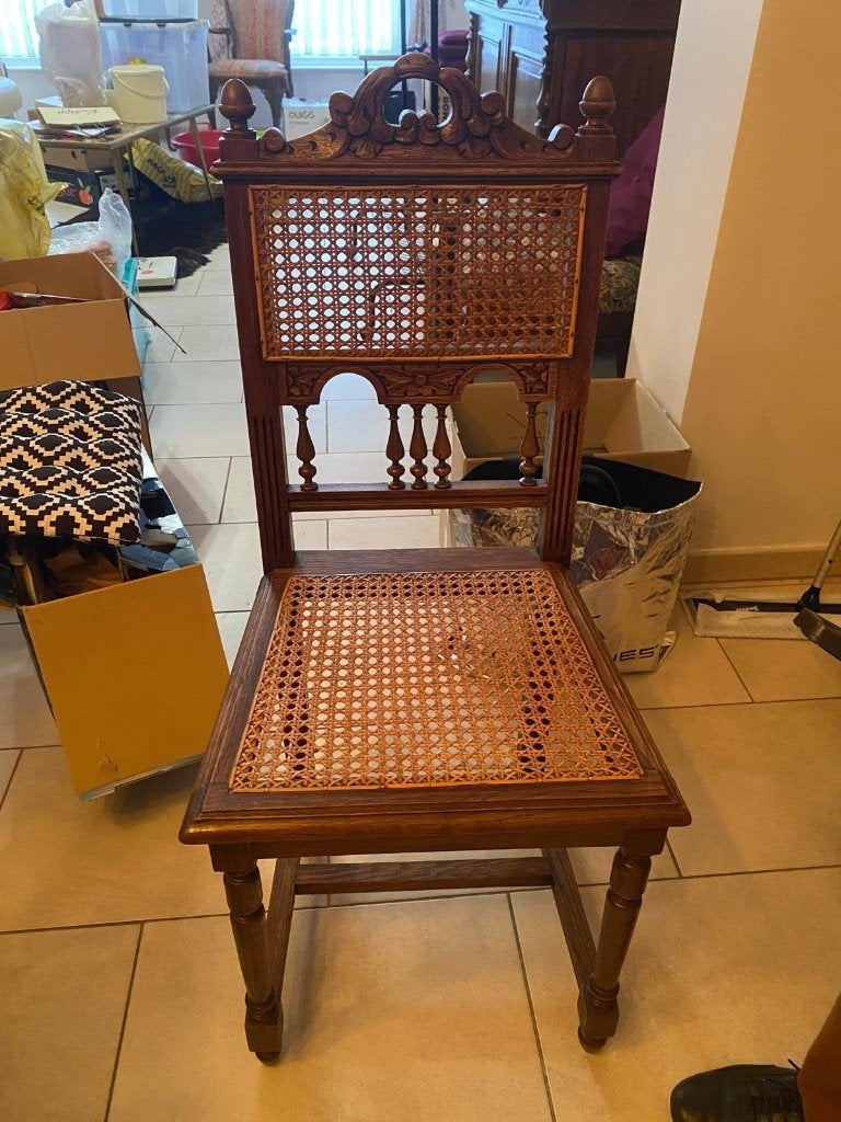 6 chaises en chêne cannelées, Maison & Meubles, Enlèvement, Utilisé, Brun, Bois