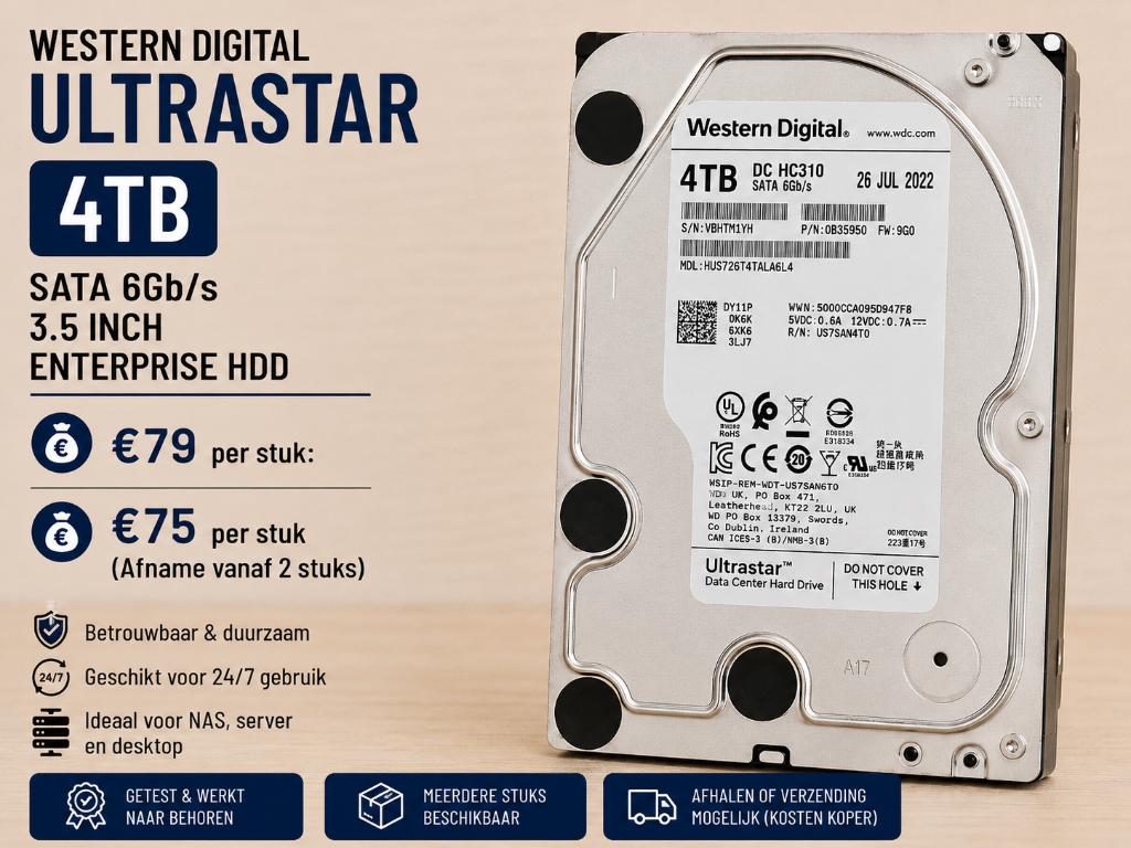 WD Ultrastar 4TB (DC HC310) - HDD - SATA (7 beschikbaar), Intern, Gebruikt, Verzenden, Server