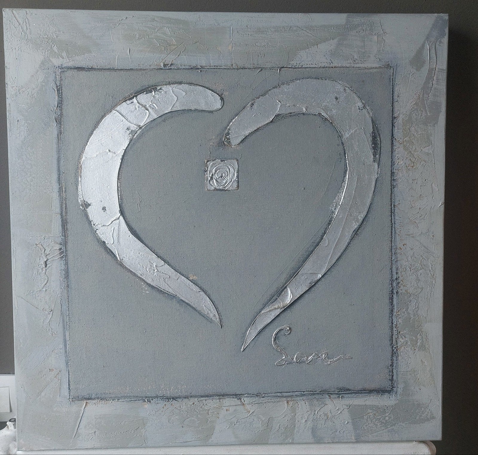Peinture abstraite originale en relief 60 x 60 cm — argenté/, Argent, Moderne, Tableau, Fait main