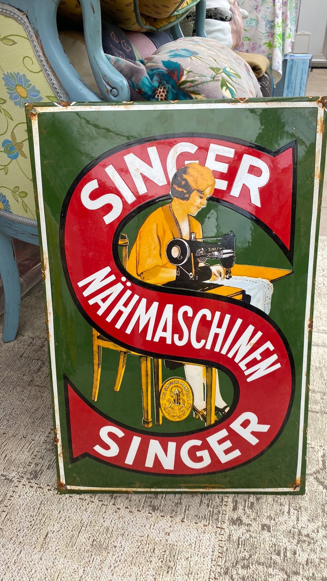 Emaille. Bord  merk singer, Verzamelen, Ophalen, Gebruikt