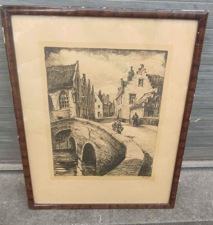 Lithographie Bruges signe Fernand lienaux, Antiquités & Art, Art | Lithographies & Sérigraphies, Enlèvement ou Envoi, Lithographie