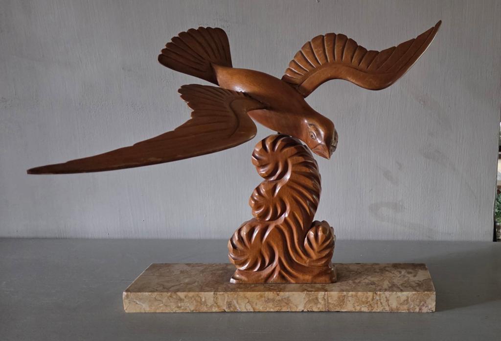 Art deco/grote houten meeuw op marmeren sokkel, Antiek en Kunst, Ophalen, Art deco, Vogel