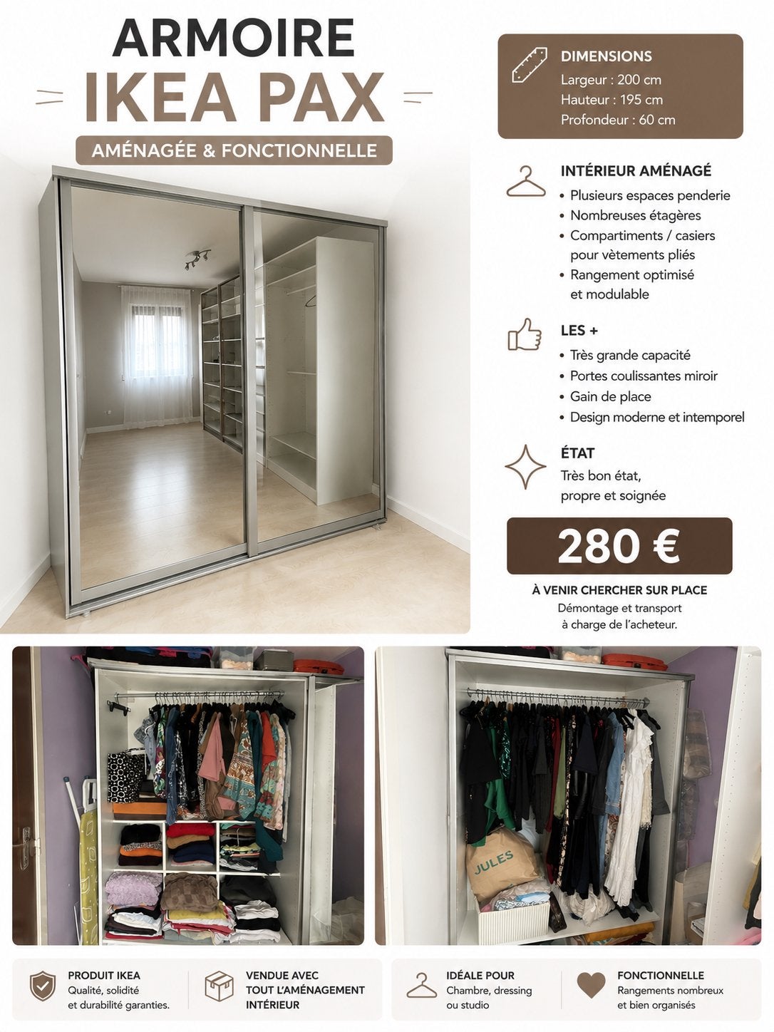 Armoir ikea pax mirroir, Enlèvement, Comme neuf