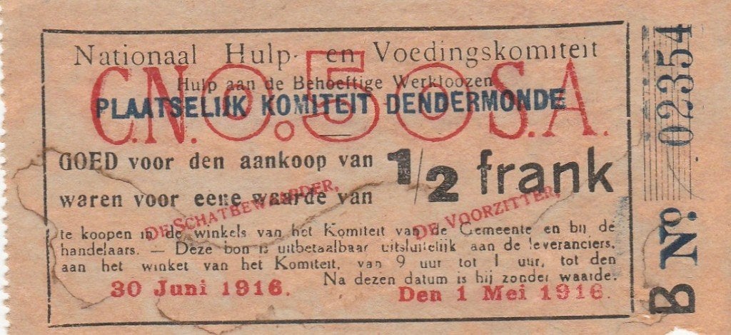 oorlog Bon Nationaal Hulp Dendermonde 1/2 frank 1916, Ophalen of Verzenden, België, Los biljet