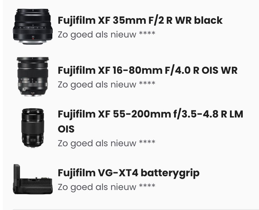 Fujifilm XF lenzen, 35mm; 16-80mm; 55-200 en VG-XT4, Ophalen, Zo goed als nieuw, Zoom