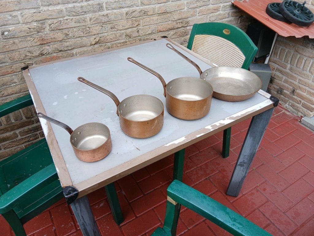 set 3 koperen potten en 1 pan, Ophalen, Zo goed als nieuw, Koper