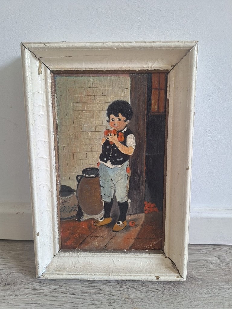 Antiek Schilderij Jongen met Appels, ca. 1880, Antiek en Kunst, Kunst | Schilderijen | Klassiek, Paneel, Portret of Personen, Realistisch