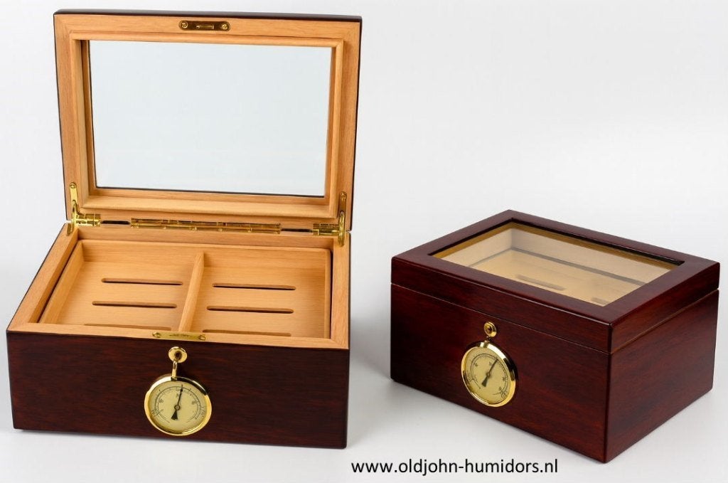 HUMIDOR BUBINGA FINEER GLASS TOP 100 SIGAREN MERK ANGELO h17, Collections, Envoi, Neuf, Boite à tabac ou Emballage
