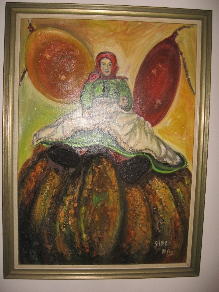 Tableau Halloween représentant une femme en fichu, Antiquités & Art, Peint à la main, Peinture à l'huile, Enlèvement, Paysage urbain / rural