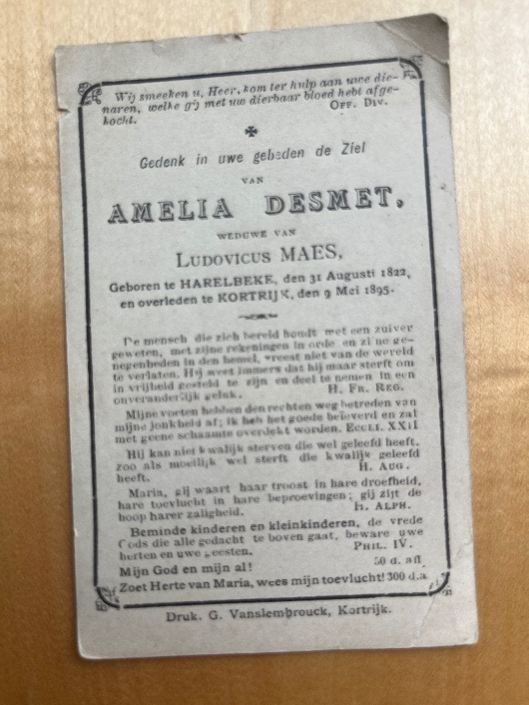 Rouwkaart A.Desmet  Harelbeke 1822 + Kortrijk 1895, Ophalen of Verzenden, Rouwkaart