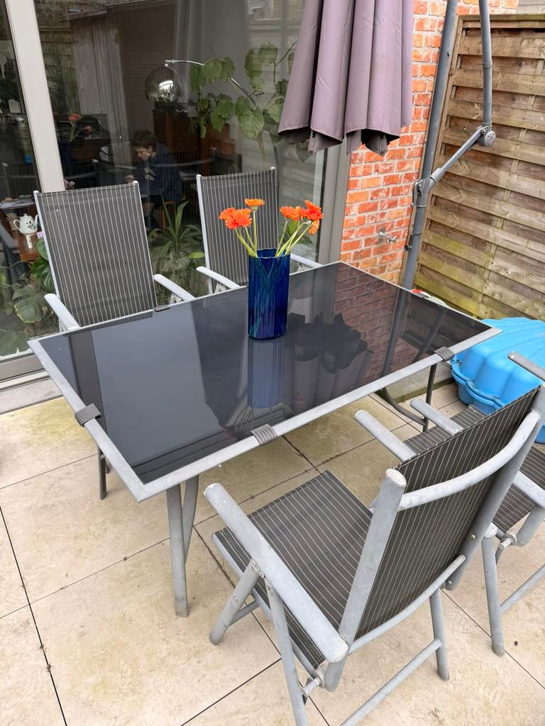 Set de jardin avec table en verre et 4 chaises, Enlèvement, Comme neuf, 4 places, Salons de jardin