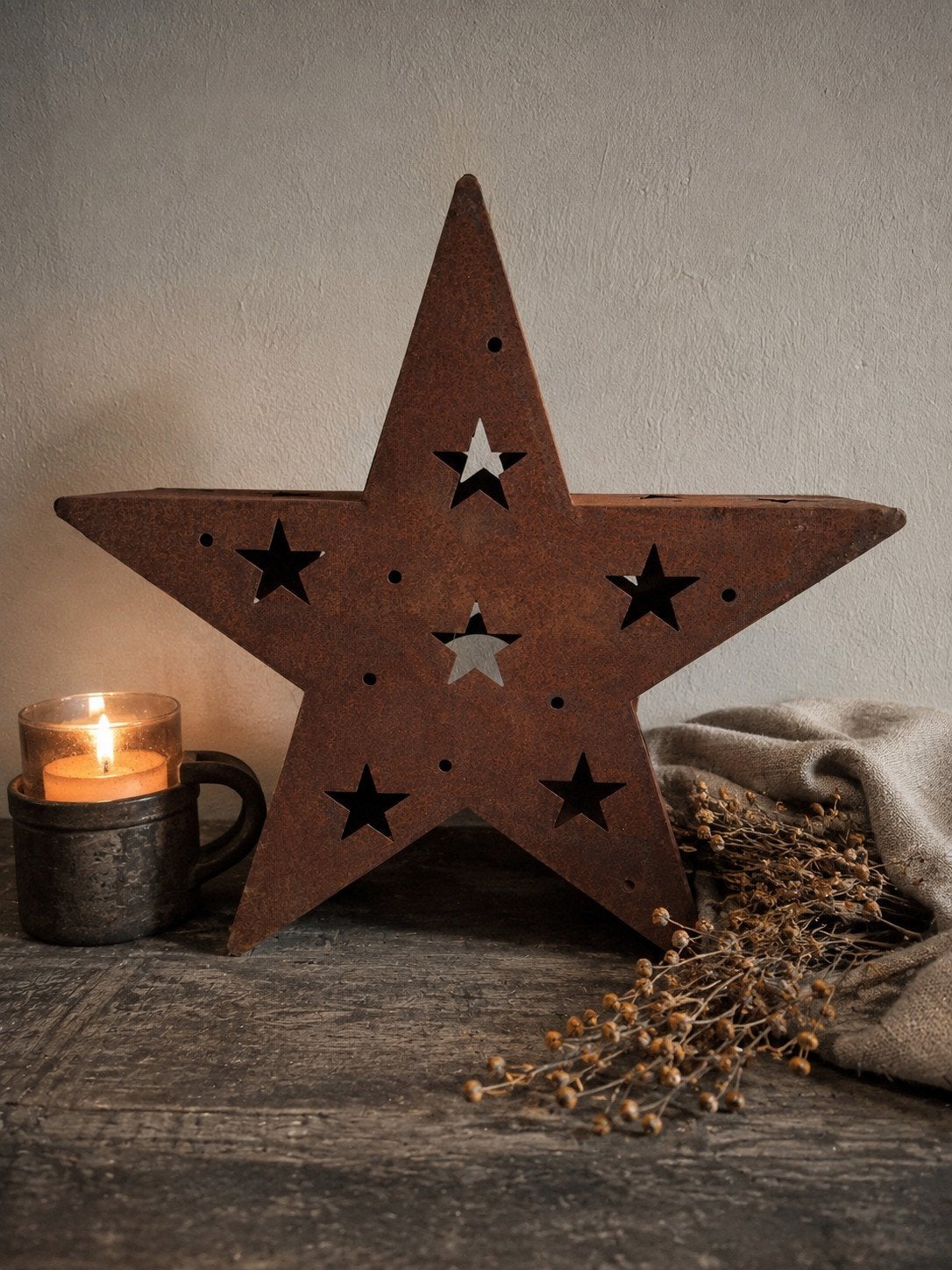 prachtige roestkleurige ster met kaarshouder, Diversen, Kerst, Ophalen of Verzenden, Zo goed als nieuw