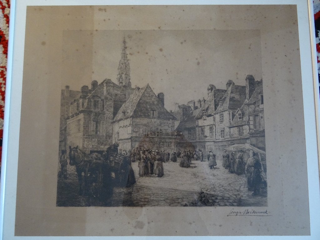 Gravure van La Place Terne-au-Duc in Quimper G. MAUDEMOUK, Antiek en Kunst, 49 cm, Gravure, Landschap, 59 cm