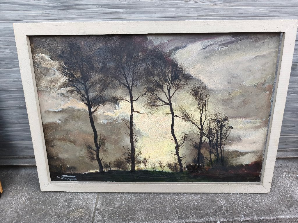 Huile sur panneau signe Lucien staquet, Antiquités & Art, Enlèvement ou Envoi, Panneau