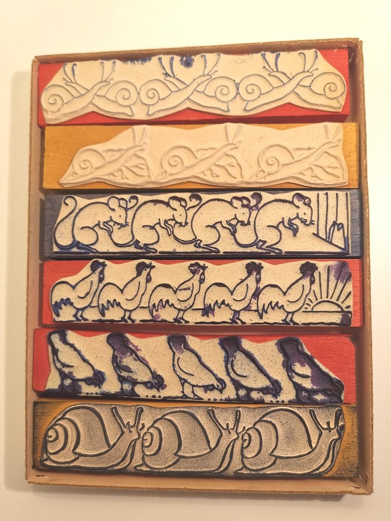6 vintage houten schoolstempels dierenpatronen Lambrechts, Ophalen of Verzenden, Gebruikt, Houten stempel