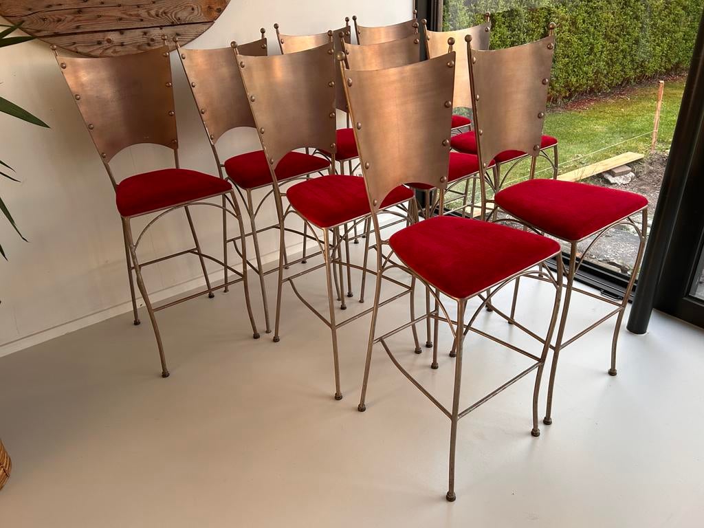 Barkrukken rood fluweel koper frame set, Huis en Inrichting, Barkrukken, Ophalen, Met voetsteun, 90 cm of meer, Metaal