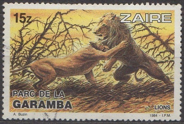 Zaïre - Vechtende leeuwen in het Garamba Park - 1984, Postzegels en Munten, Postzegels | Afrika, Ophalen of Verzenden, Gestempeld