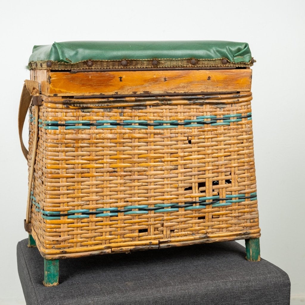 Vintage vissersmand / viskist met zitfunctie-uniek, Ophalen, Gebruikt, Overige typen
