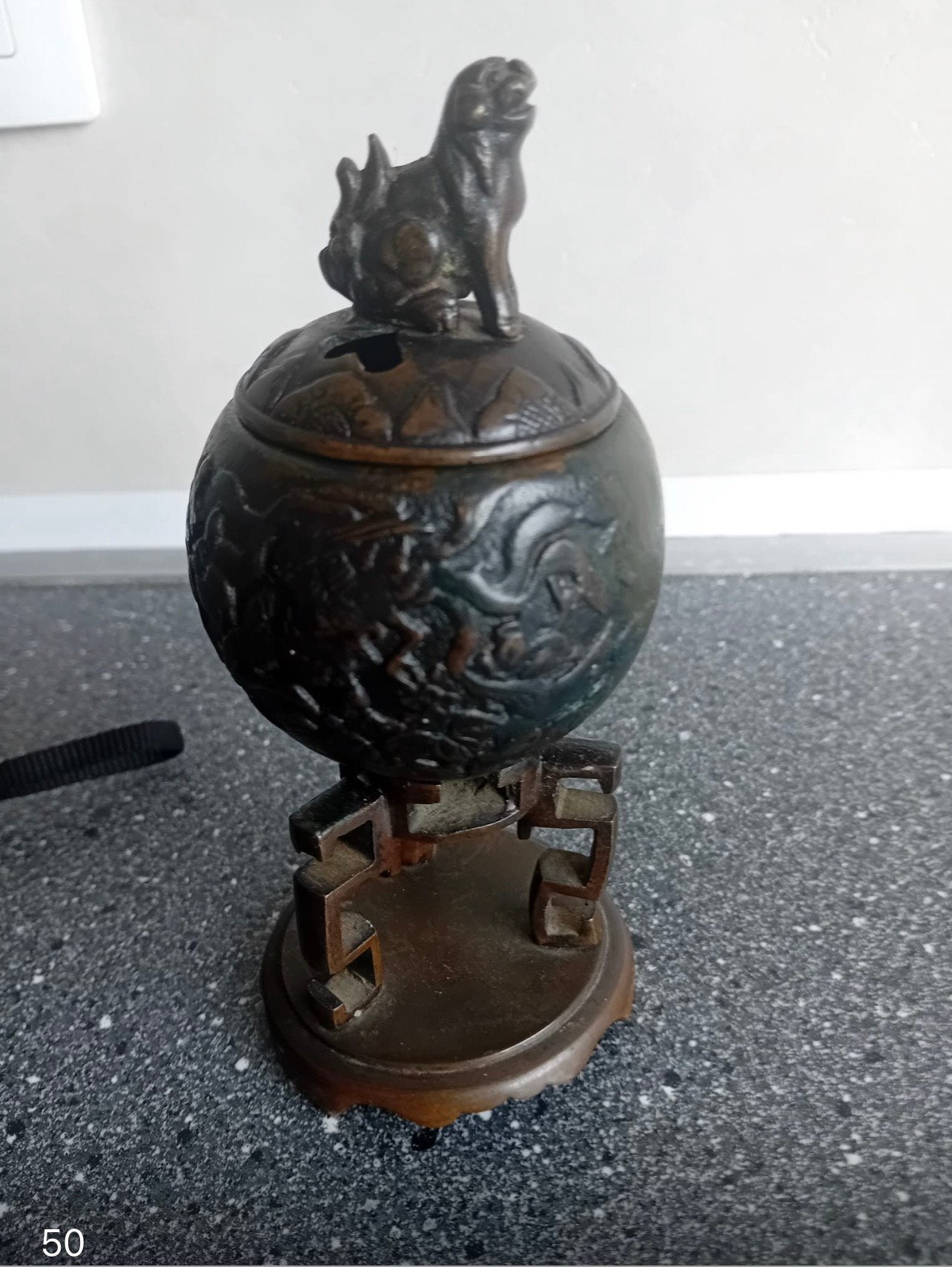 Vintage Aziatische wierookbrander met Foo Dog – ca. 15 cm, Enlèvement, Comme neuf, Métal
