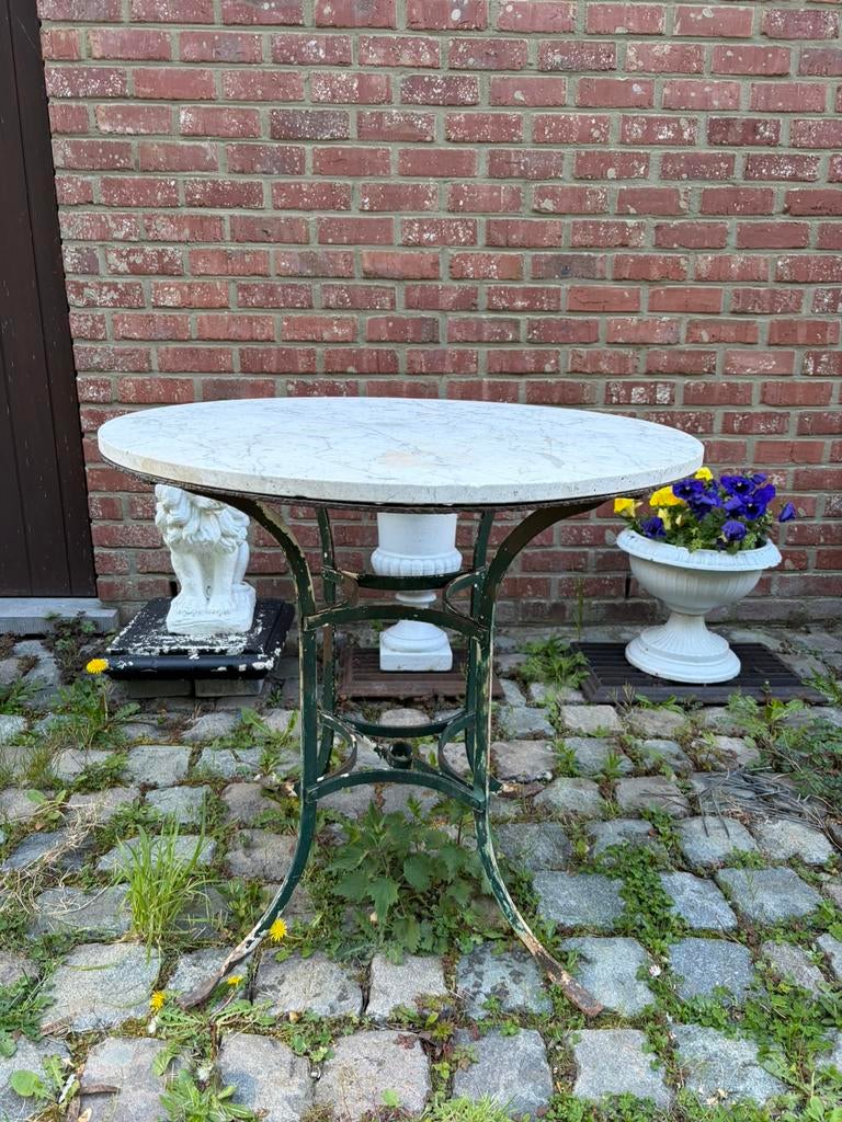 Vintage tuintafel van ijzer/marmer, Tuin en Terras, Ophalen, Gebruikt, Rond, Metaal