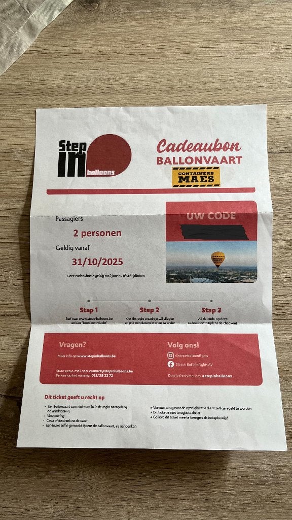 Cadeaubon ballonvaart, Tickets & Billets, Deux personnes, Bon cadeau, Autres types