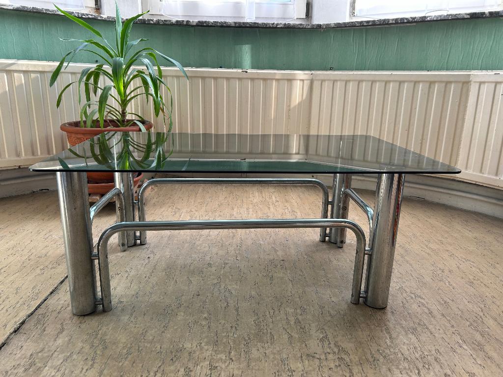Table salon verre fumé métal tubulaire vintage, Ophalen, Gebruikt, Glas