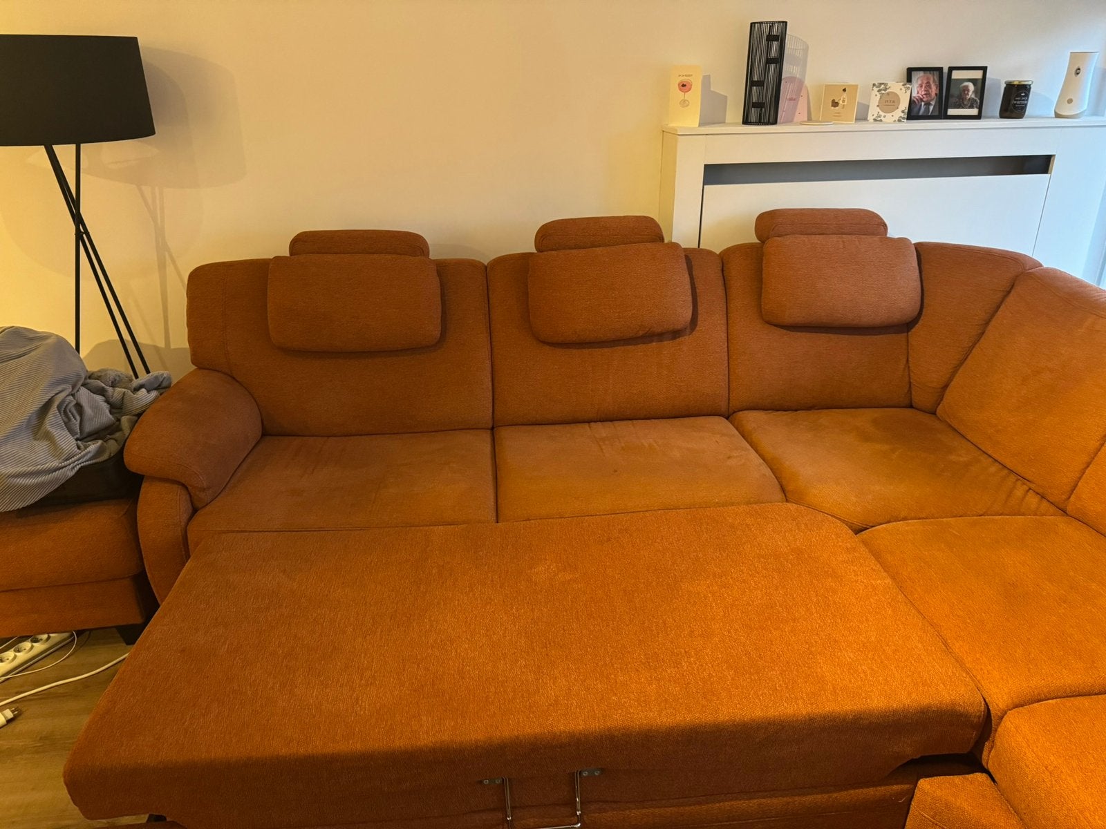Hoekzetel terracotta met slaapfunctie + opbergruimte, Huis en Inrichting, Ophalen, 250 tot 300 cm, Gebruikt, Hoekbank
