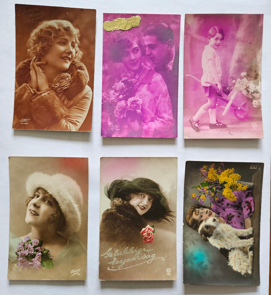6 gekleurde vintage wenskaarten jaren 1920, Diversen, Wenskaarten, Ophalen of Verzenden, Gebruikt