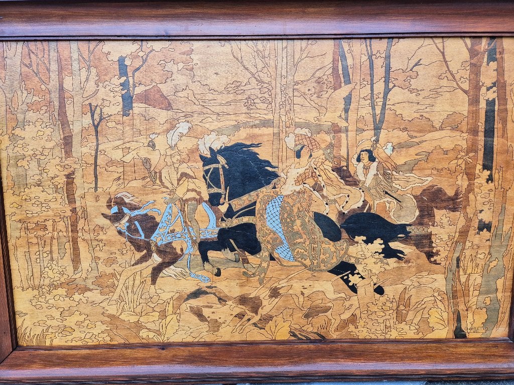 Tableau en marqueterie scène de chasse médiévale, Antiquités & Art, Enlèvement