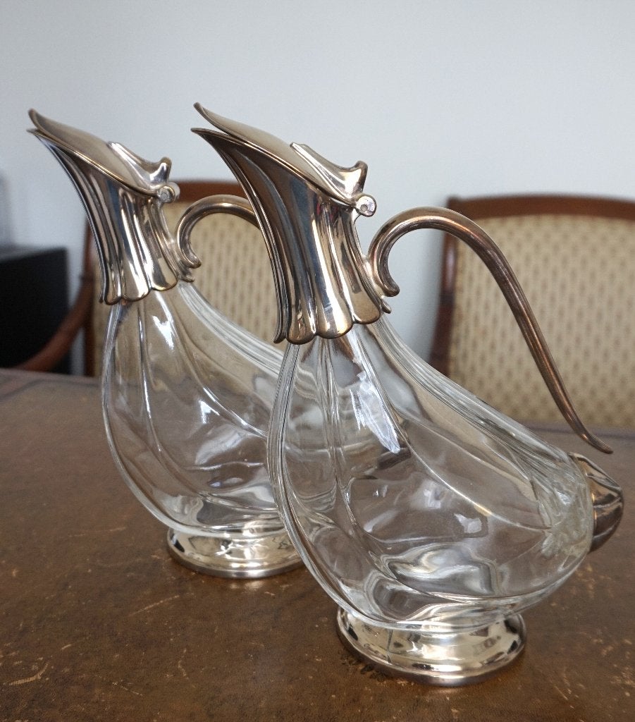 Paire de Décanteurs à Vin en Argent Plaqué, 1960-70., Antiquités & Art, Antiquités | Verre & Cristal, Enlèvement ou Envoi
