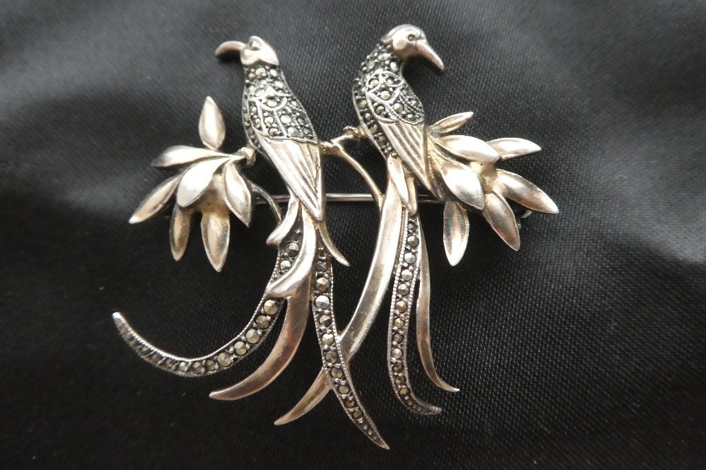Superbe Broche Ancienne oiseaux Paradis Arg. 935 Marcassites, Enlèvement, Argent, Broche