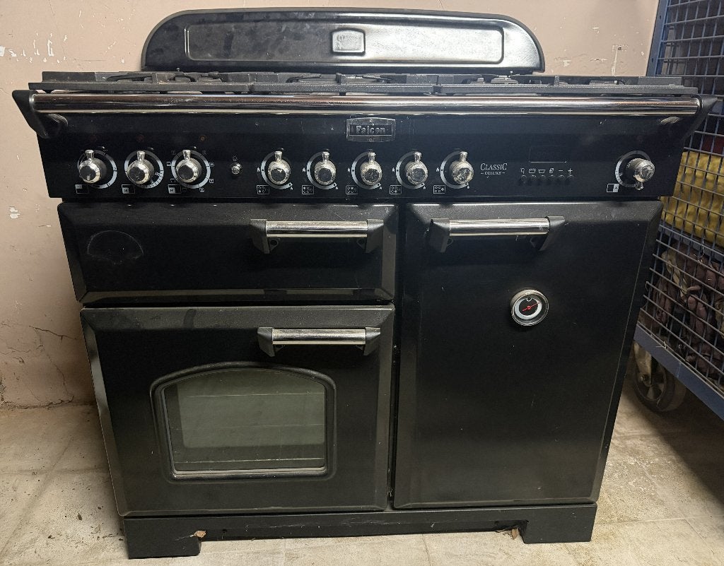 Falcon Classic Deluxe 90 Landelijk Fornuis – Zwart/Chroom, Ophalen, 60 cm of meer, Zo goed als nieuw, Gas