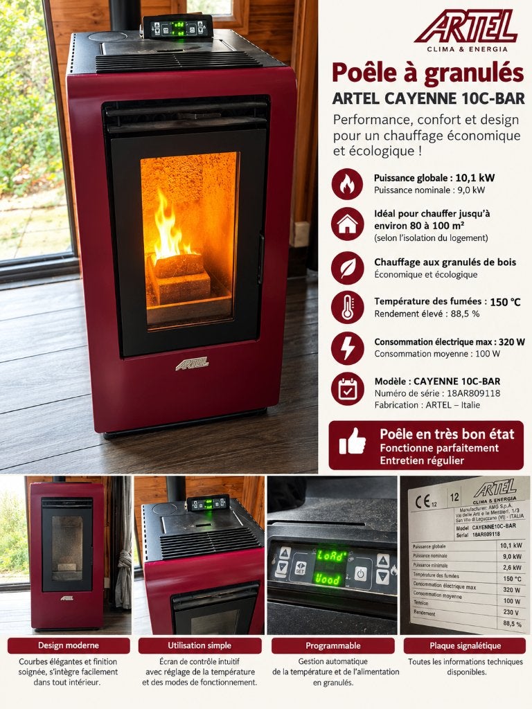 Poêle à granulés ARTEL CAYENNE 10C-BAR – 10,1 kW, Maison & Meubles, Enlèvement, Utilisé, Suspendu, Poêle à granulés