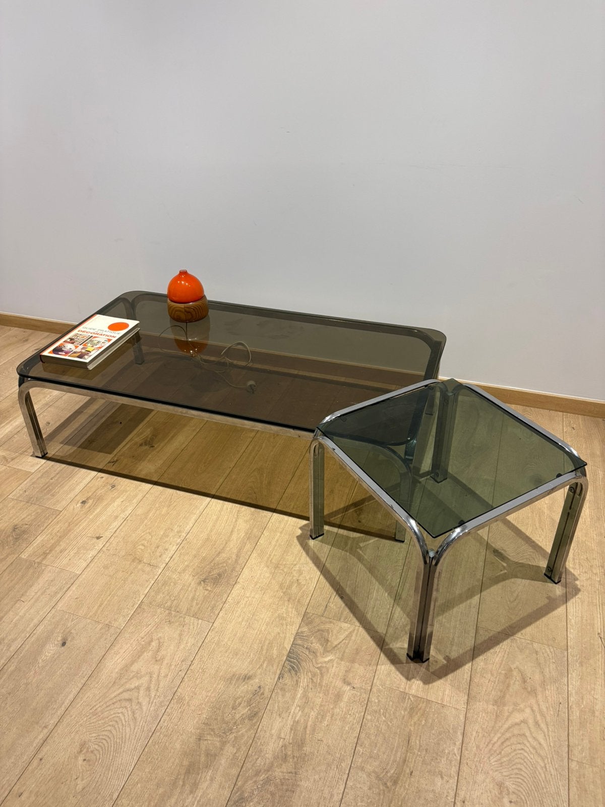 Table basse verre fumee chrome bauhaus vintage, Enlèvement, Comme neuf, Verre