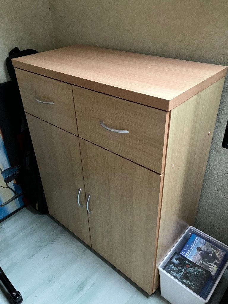 Kastje met 2 lades en 2 deuren, Maison & Meubles, 25 à 50 cm, Moins de 150 cm, Comme neuf, Enlèvement
