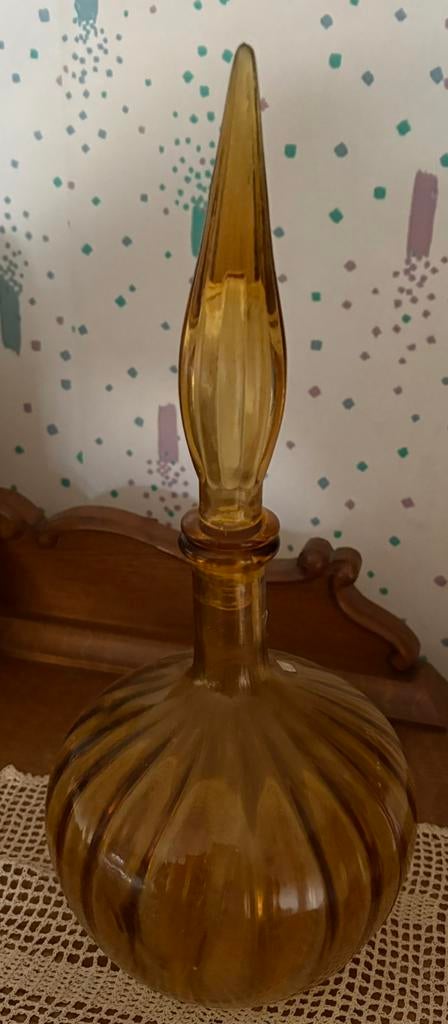 Vintage Italiaanse amber glazen karaf met stop – 39cm, Huis en Inrichting, Woonaccessoires | Overige, Glas, Vintage, Ophalen