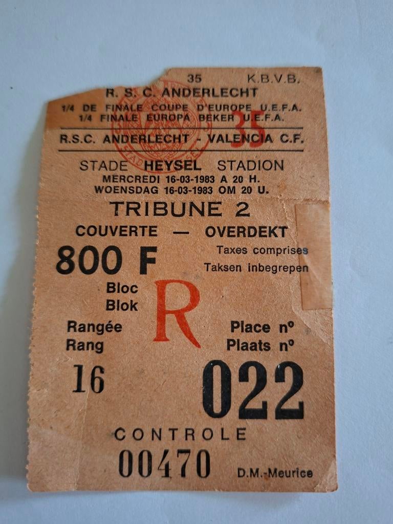 Ticket RSC ANDERLECHT - VALENCIA 1983, Verzamelen, Ophalen of Verzenden