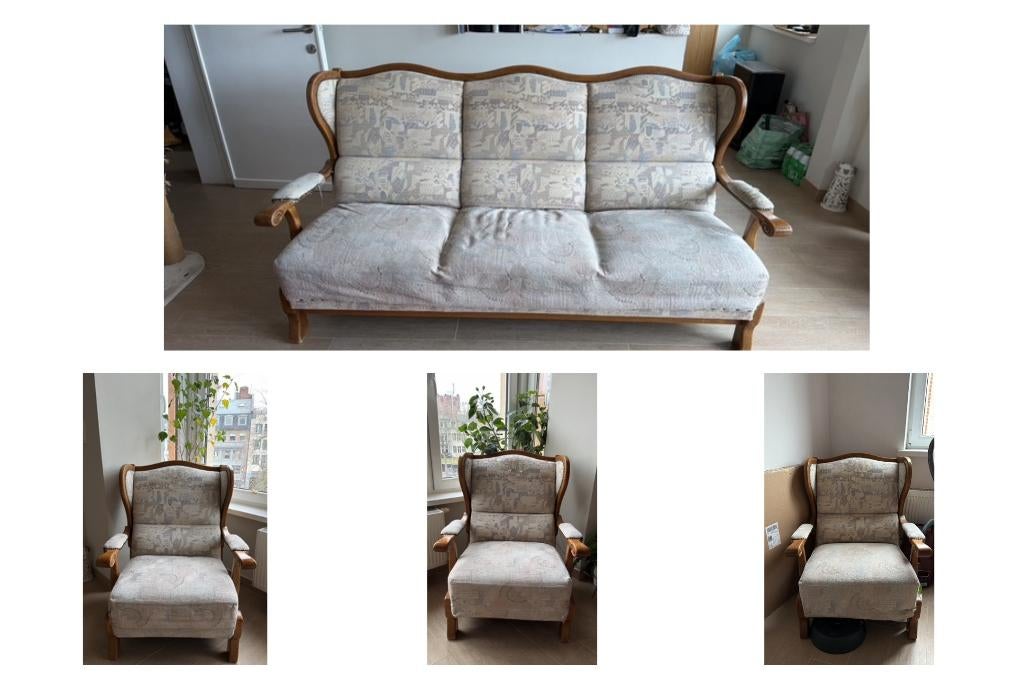 Gratis zetels: 3-zit + 3 fauteuils, Huis en Inrichting, Zetels | Zetels, Gebruikt, Rechte bank, Driepersoons, 150 tot 200 cm, Minder dan 75 cm