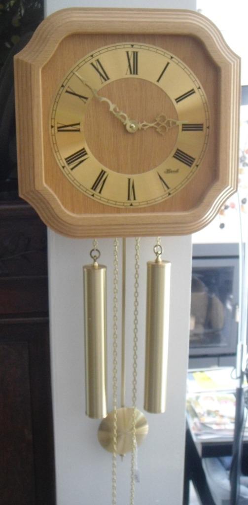 Pendule en bois + laiton doré HERMLE, 68 cm, NEUVE, Ophalen, Nieuw, Analoog, Wandklok