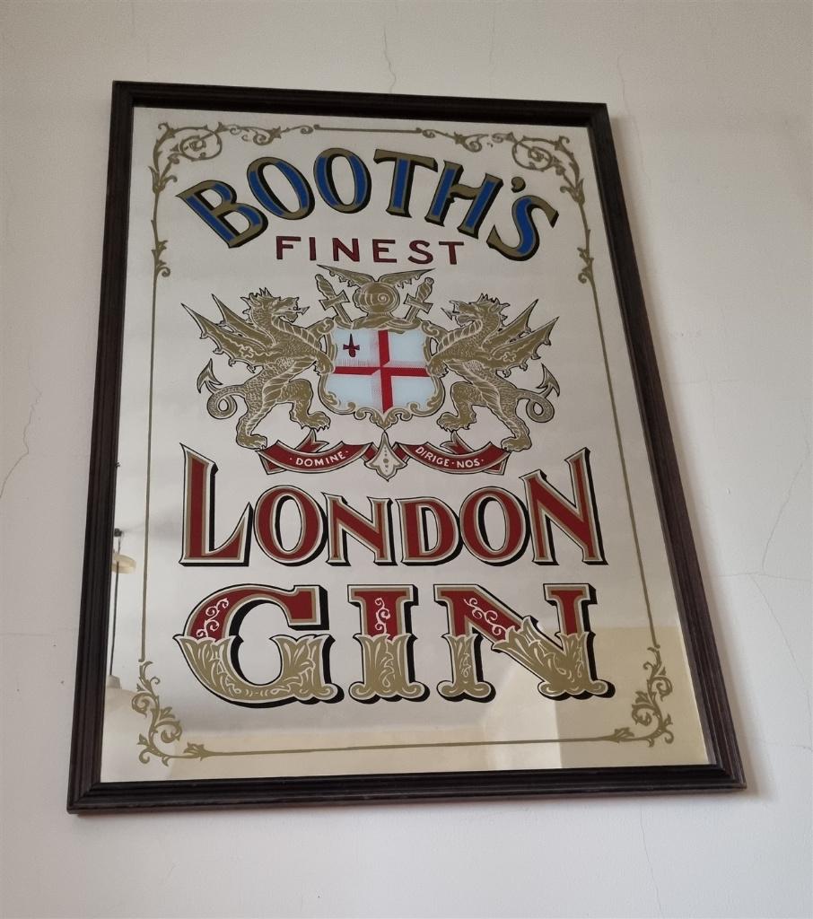 Vintage bistrospiegel met zeefdruk "London Gin", Antiek en Kunst, Ophalen, Rechthoekig, 50 tot 100 cm, Minder dan 100 cm