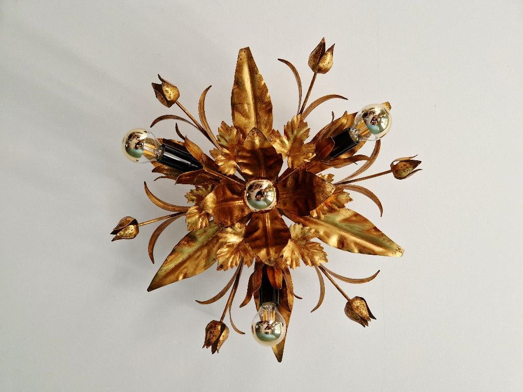 Plafonnier Italien en métal doré, Hollywood Regency, 1970, Enlèvement ou Envoi
