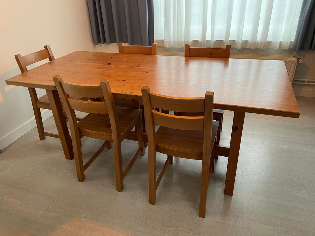 Table en bois massif avec 5 chaises solides, Enlèvement, Utilisé, Scandinavisch, 4 à 6 chaises